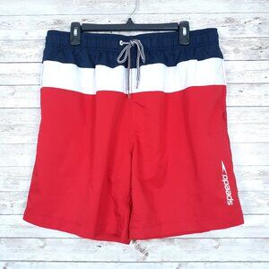 Speedo Mens Swim Trunks XL Mesh Lined Drawstring Pockets Red White Blue 262